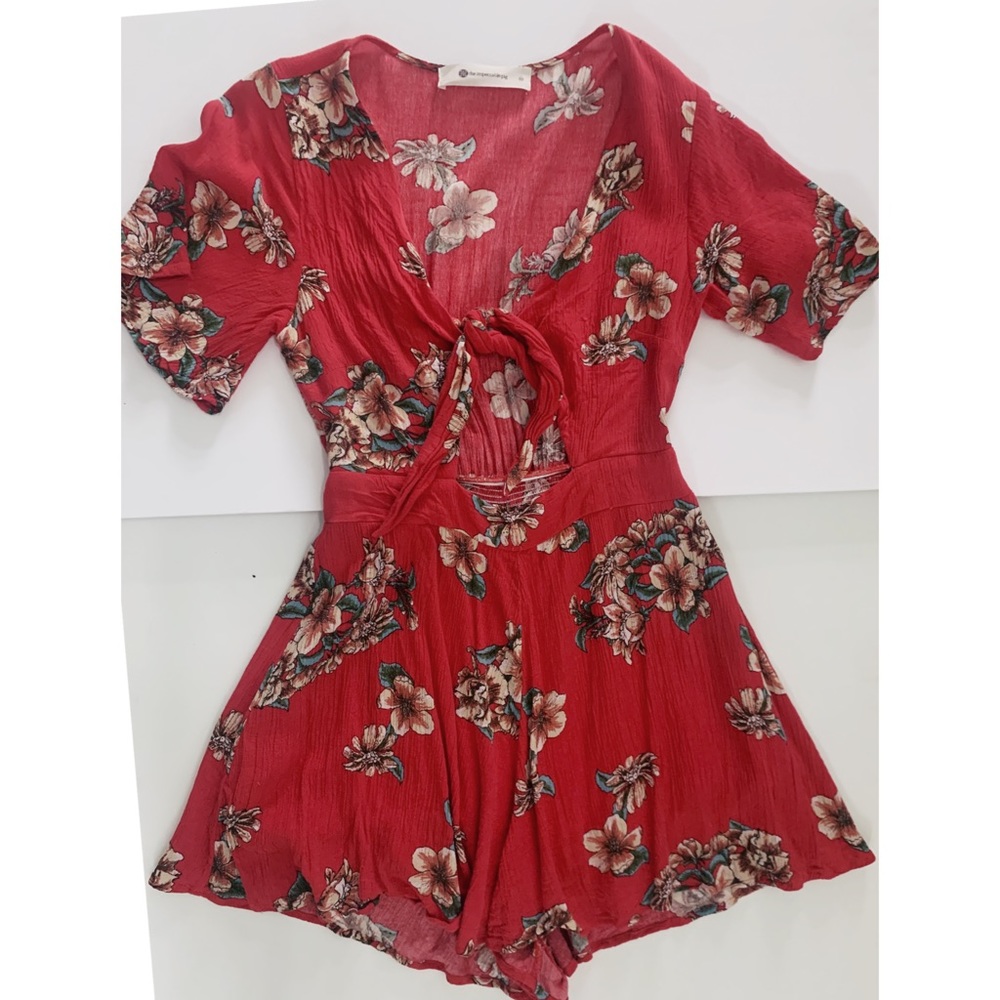 Red floral romper with keyhole chest tie
